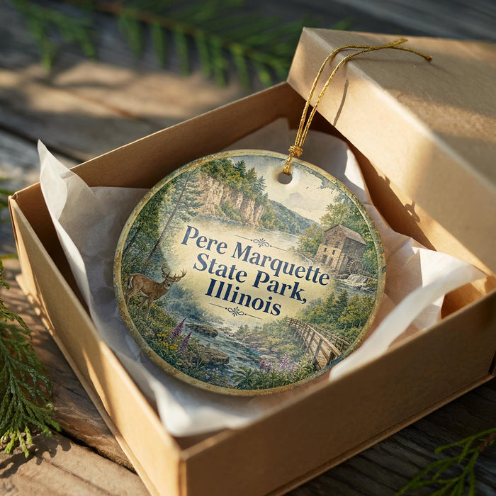 A decorative ornament in a box, featuring a scenic landscape with a river, trees, and a building, likely representing the state park in Illinois.
