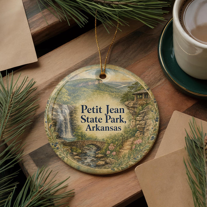 A decorative ornament with a scenic image of Petit Jean State Park, Arkansas, hanging on a wooden surface.