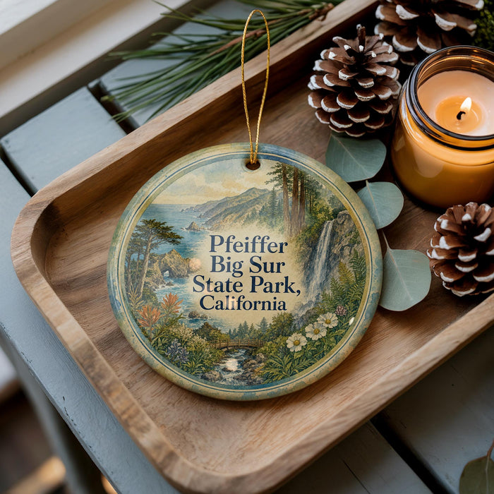 A decorative ornament with a scenic landscape of Big Sur State Park, California, featuring pine cones, a candle, and greenery.
