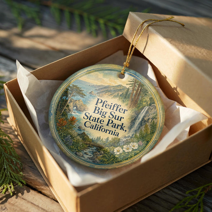 A decorative ornament in a wooden box, featuring a scenic landscape with mountains, trees, and a waterfall.