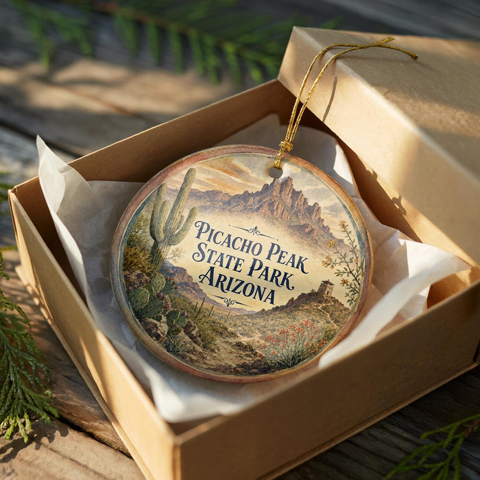A decorative ornament in a wooden box, featuring a desert landscape with mountains and cacti, with the text "PICACHO PEAK STATE PARK ARIZONA" printed on it.