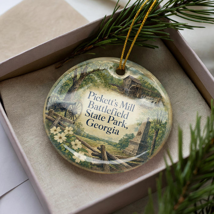 A decorative ornament in a box, featuring a scenic image of Pickett's Mill Battlefield State Park, Georgia.