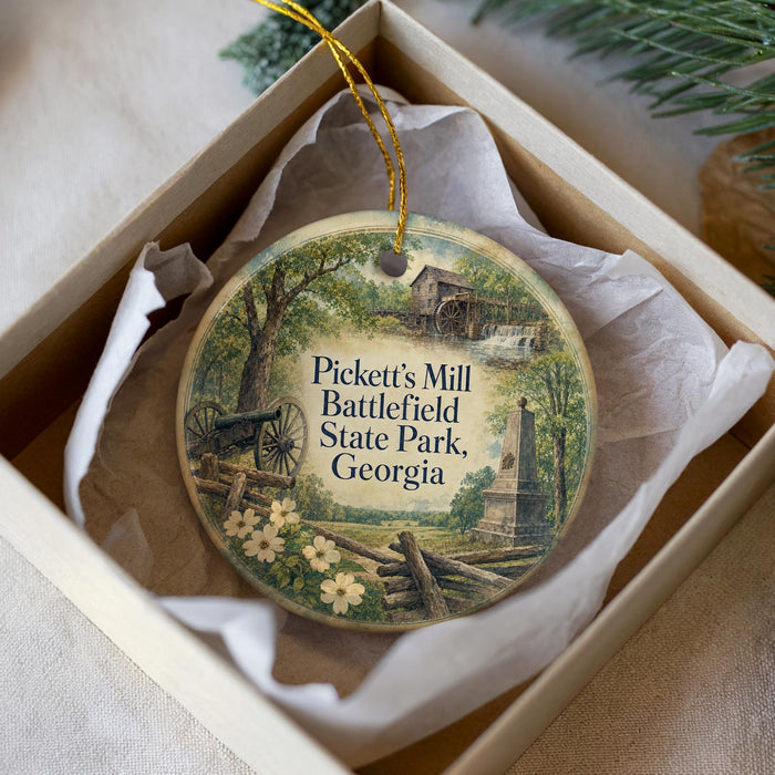 A decorative ornament in a box, featuring a scenic image of Pickett's Mill Battlefield State Park, Georgia.
