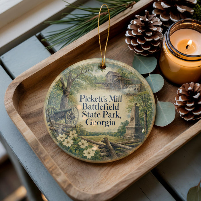 A wooden tray with a decorative ornament featuring a scenic image of Pickett's Mill Battlefield State Park, Georgia, along with pine cones and a lit candle.
