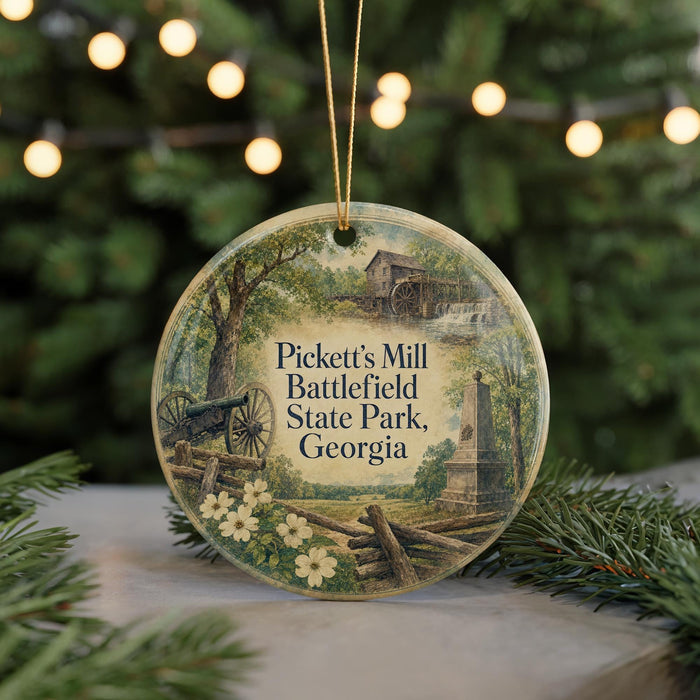 A round ornament with a picture of a historic site, specifically Pickett's Mill Battlefield State Park, Georgia, surrounded by greenery and twinkling lights.