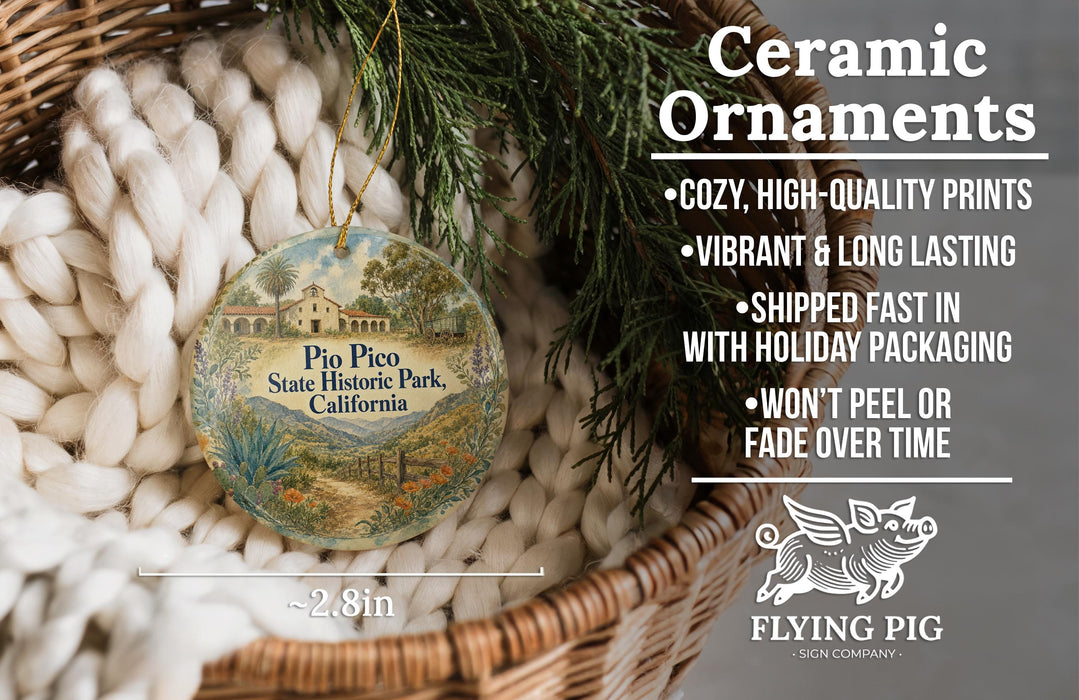 Ceramic ornaments, featuring a vintage-style illustration of Pico Pico State Historic Park, California, hanging from a wicker basket.