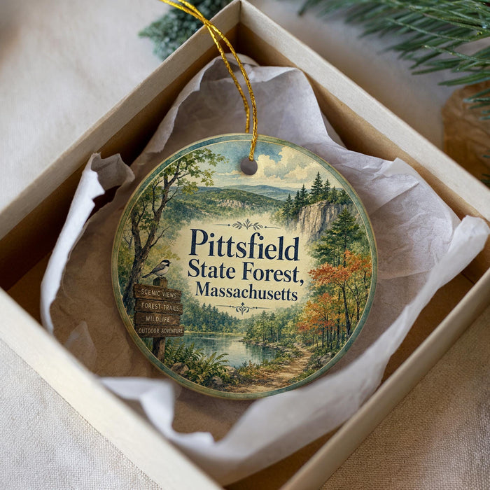 A round ornament with a scenic forest landscape and a bird perched on a sign, placed in a box with a white tissue paper lining.
