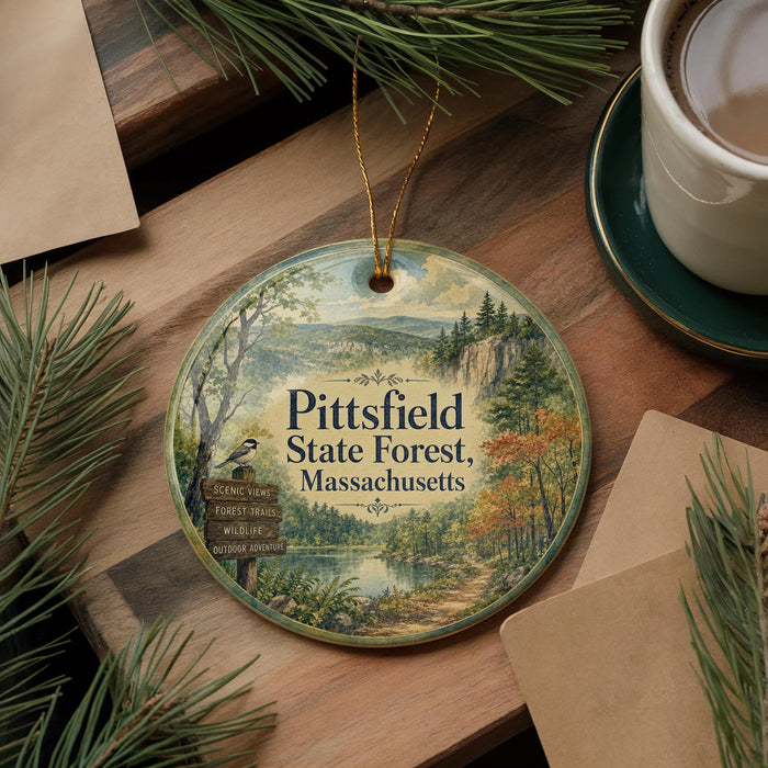 A round ornament with a scenic forest landscape and a bird perched on a tree, hanging on a wooden surface.