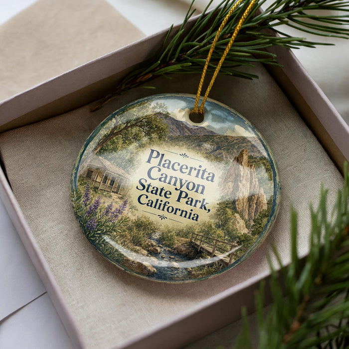 A decorative ornament in a box, featuring a scenic image of Placert Canyon State Park, California.