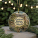 A circular ornament featuring a scenic image of Placerita Canyon State Park, California, with a small cabin and a bridge in the background.