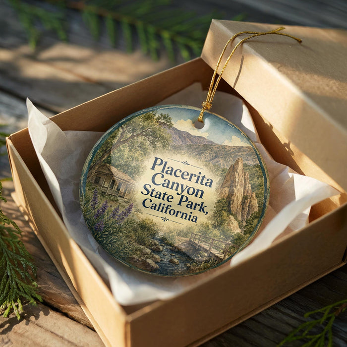 A circular ornament with a scenic image of Placerta Canyon State Park, California, displayed in a wooden box.