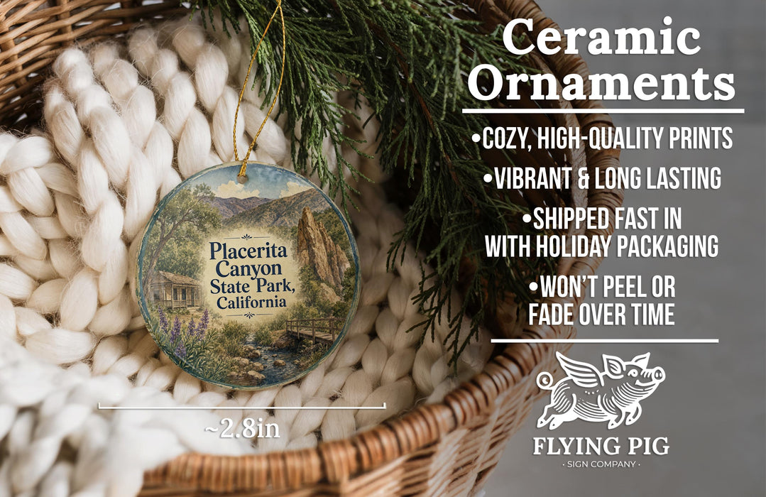 Ceramic ornaments, featuring a scenic image of Placerta Canyon State Park, California, hanging from a wicker basket.