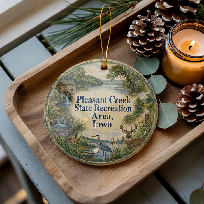 A wooden tray with a decorative ornament featuring a scenic landscape and wildlife, including a bird, deer, and a waterfall, along with pine cones and a lit candle.