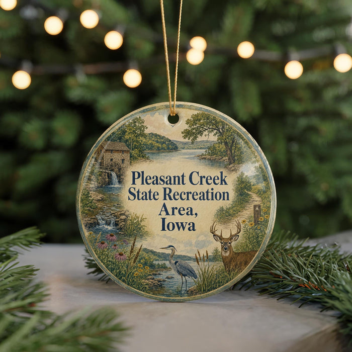 A circular ornament with a scenic landscape and wildlife illustration, hanging from a string.