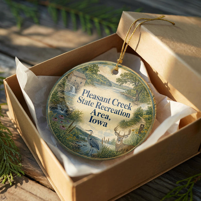 A decorative ornament in a box, featuring a scenic landscape with a river, trees, and wildlife, including a bird and deer.
