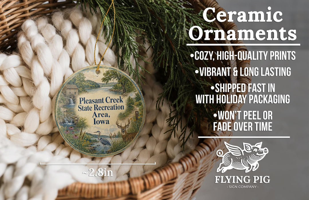 a ceramic ornament hanging from a wicker basket, with a description of the ornament and its features.