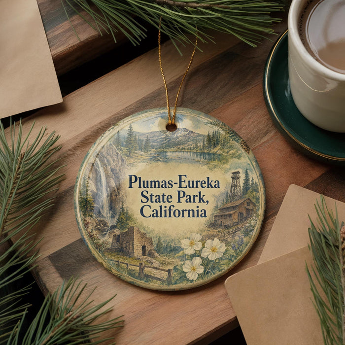A decorative ornament with a scenic landscape of Plumas-Eureka State Park, California, featuring a waterfall, a cabin, and pine trees.