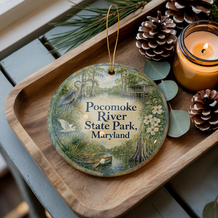 A wooden tray with a decorative ornament featuring a scenic image of the Potomoke River State Park in Maryland, accompanied by pine cones and a lit candle.