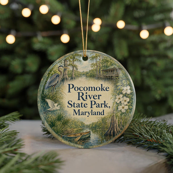 A round ornament with a painting of a bird, a boat, and a house, surrounded by greenery, with the text "Pocomoke River State Park, Maryland" displayed on it.