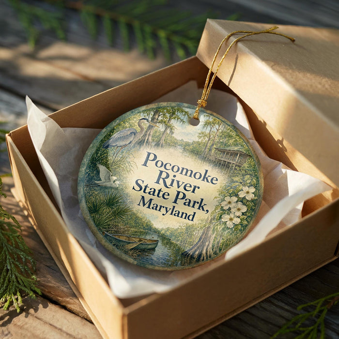 An oval ornament in a brown box, featuring a scenic image of the Potomac River and Maryland State Park.