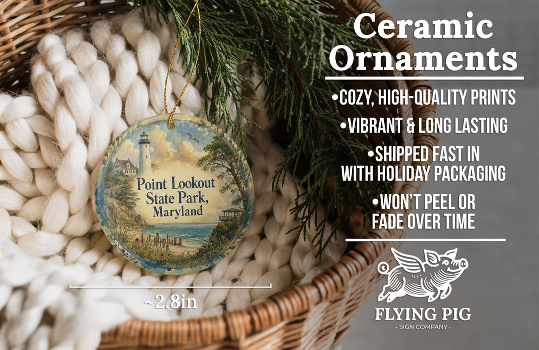 Ceramic ornaments, including a lighthouse ornament, are displayed in a basket with a pine branch.