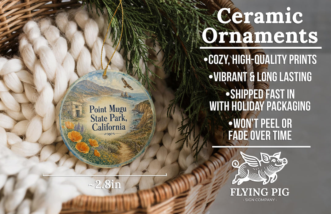 Ceramic ornaments, featuring a round ornament with a scenic image of Point Mugu State Park, California, hanging from a wicker basket.