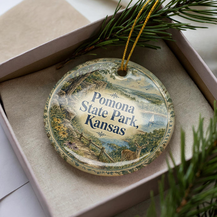 A decorative ornament with the text "Pomona State Park, Kansas" on it, placed in a box with pine branches.
