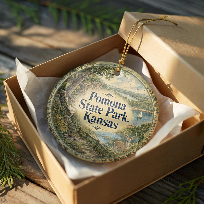 A decorative ornament in a box, featuring a scenic landscape with a path, trees, and a body of water.