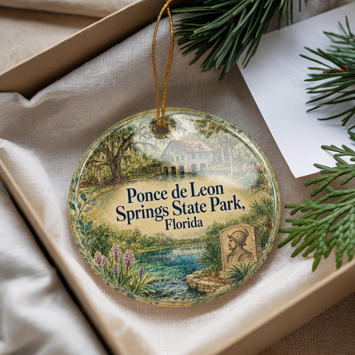 A decorative ornament with a scenic illustration of Ponce de Leon Springs State Park, Florida, hanging from a string.