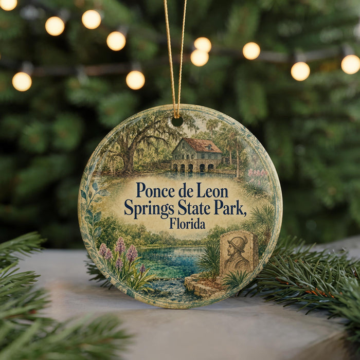 A round ornament with a painting of a house and trees, surrounded by greenery, hangs in front of a blurred background with twinkling lights.