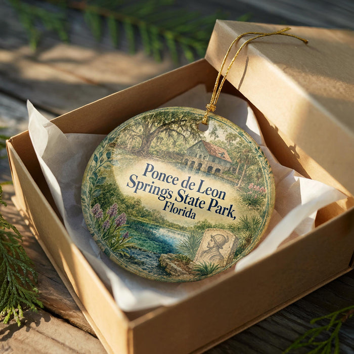 A decorative ornament in a box, featuring a scenic image of Ponce de Leon Springs, Florida.
