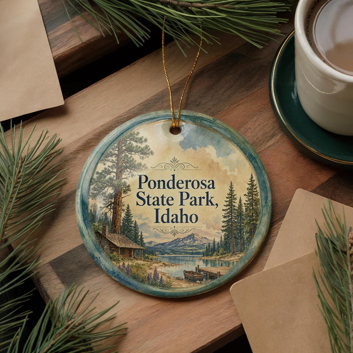 A decorative ornament with a scenic landscape of Ponderosa State Park, Idaho, featuring pine trees, mountains, and a lake.