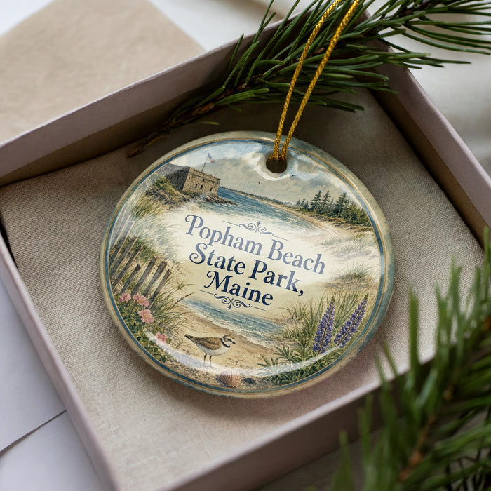 A decorative ornament in a box, featuring a scenic image of Popham Beach, State Park, Maine.