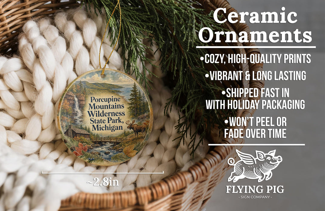 Ceramic ornaments, featuring a scenic image of Porcupine Mountains Wilderness State Park, Michigan, hanging from a wicker basket.