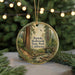 A circular ornament featuring a scenic image of Portola Redwoods State Park in California, with a path leading through the forest and a bird flying overhead.