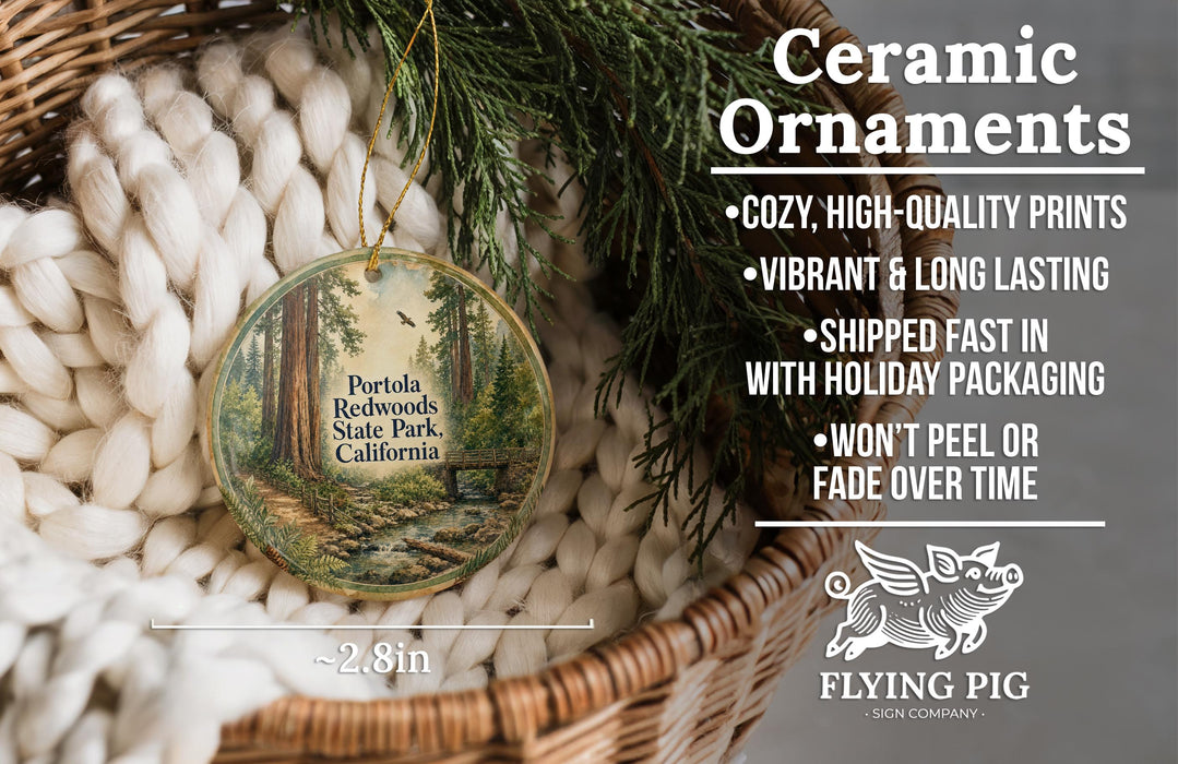 Ceramic ornaments, featuring a forest scene, are displayed in a basket.