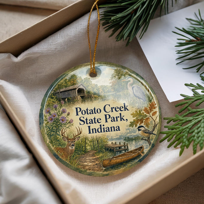 A decorative ornament with a picture of a scenic landscape, including a cabin, river, and wildlife, is displayed in a box with pine branches.