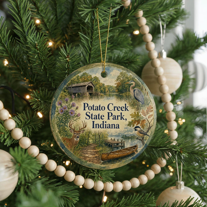 A round ornament hanging on a Christmas tree, featuring illustrations of a bridge, a bird, and a canoe, with the text "Potato Creek State Park, Indiana" displayed on it.