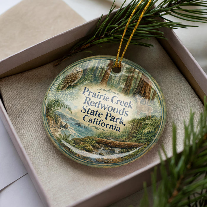 A decorative ornament in a box, featuring an illustration of a forest scene with a bird and a deer.