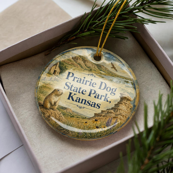 A decorative ornament in a box, featuring a scenic image of Prairie Dog State Park in Kansas.