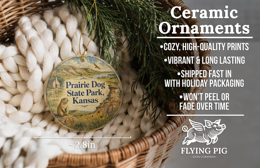 a ceramic ornament hanging from a wicker basket, with a description of the ornament and its features.