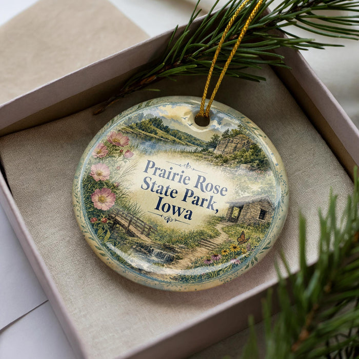 A decorative ornament in a box, featuring a scenic landscape with a house, trees, and flowers.