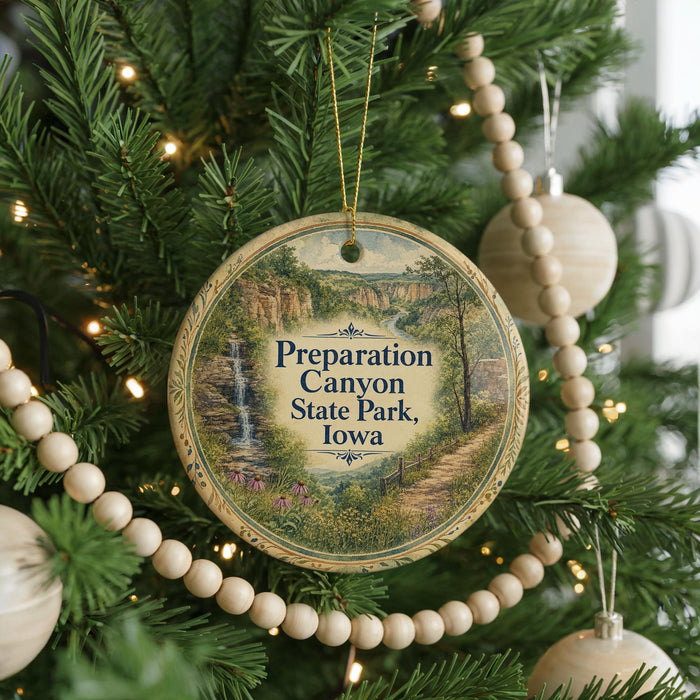 A round ornament hanging on a Christmas tree, featuring a scenic image of Preparation Canyon State Park in Iowa.