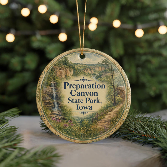 A round ornament with a scenic landscape of Preparation Canyon State Park, Iowa, featuring a waterfall and a path surrounded by greenery.