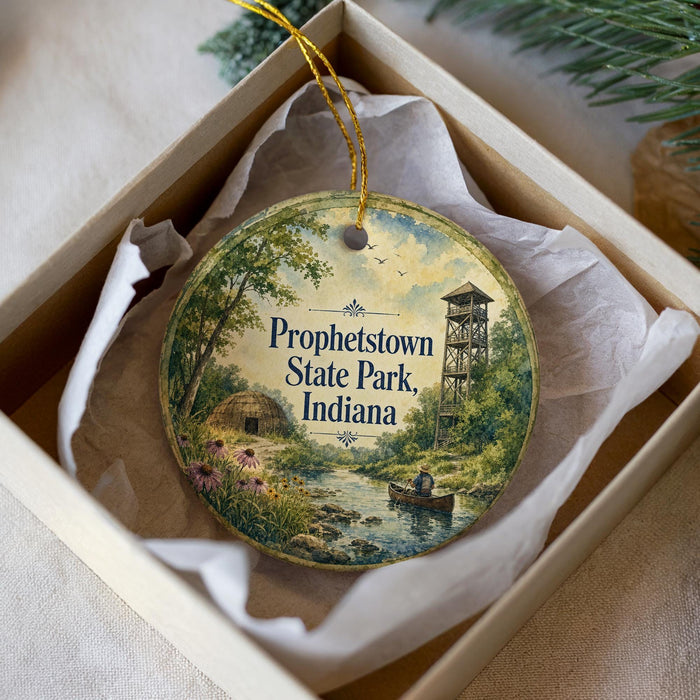 A decorative ornament in a box, featuring a painting of a scenic landscape with a small boat on a river, surrounded by trees and a tower.