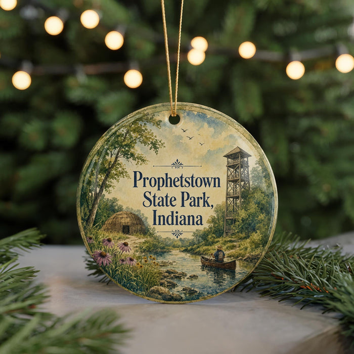 A round ornament with a painting of a scenic landscape, including a river, a lighthouse, and a small hut, surrounded by greenery and trees.