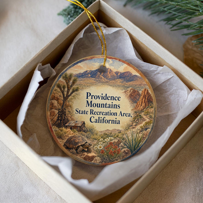 A decorative ornament in a white box, featuring a scenic landscape with mountains, desert, and a small building.