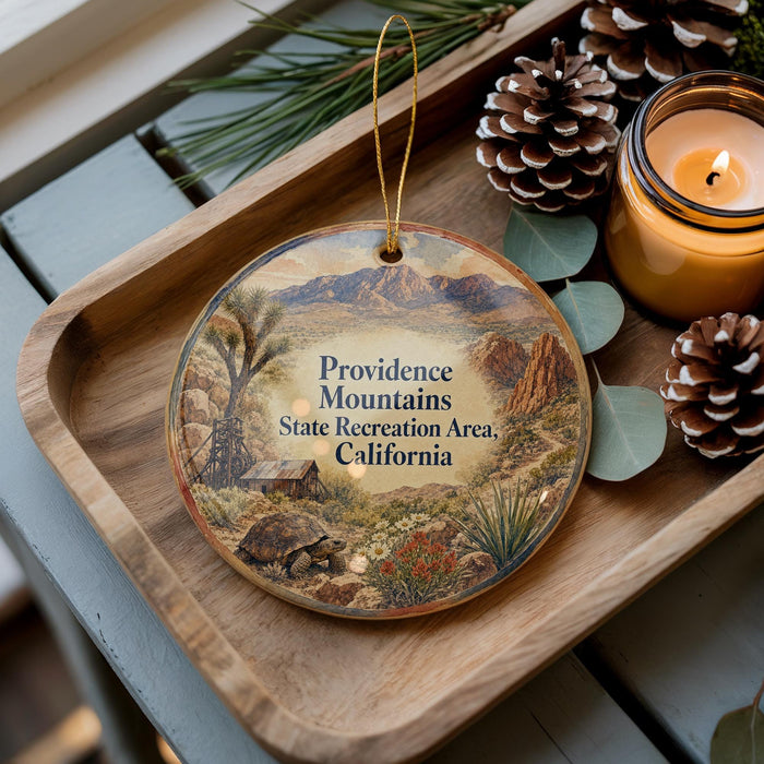A decorative ornament with a scenic mountain landscape and a candle on a wooden tray.