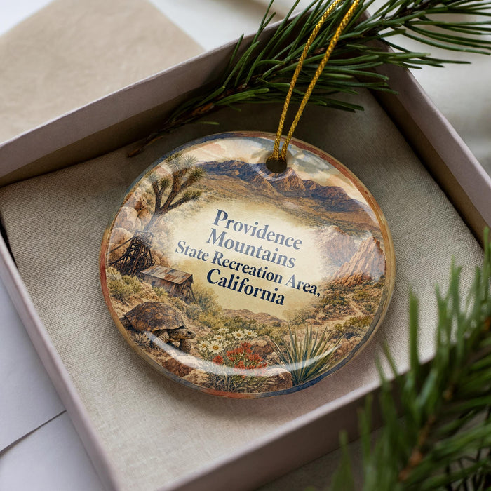 A decorative ornament with a landscape scene featuring mountains, trees, and a small building, placed in a box with a pine branch.