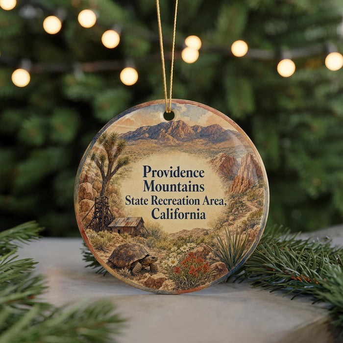 A round ornament with a desert landscape and mountains, featuring a wooden cabin and a tortoise, is displayed in front of a blurred background with Christmas lights.